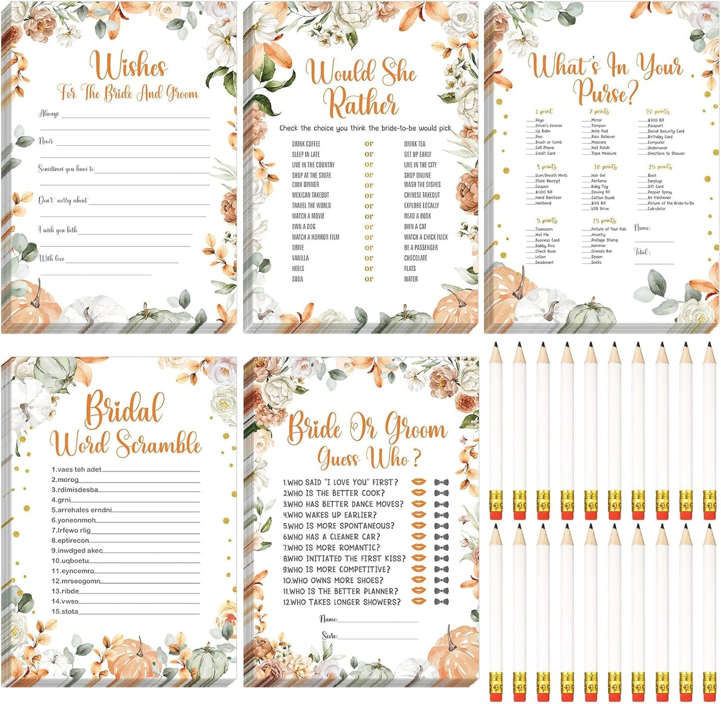 Teling 145 Pieces Bridal Shower Game Bridal Shower Favors Set Wedding Games Cards and Pencils for Bride Groom Bachelorette Party Wedding Party Favor(Little Pumpkin Style)