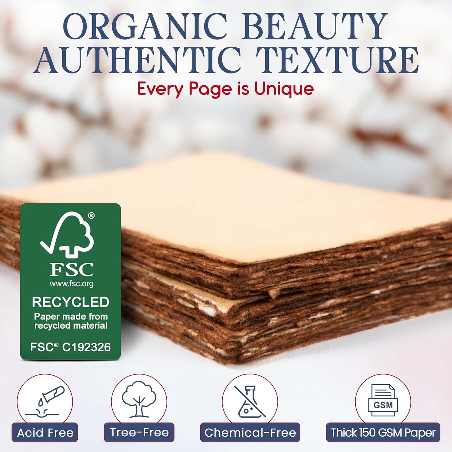 Wanderings Handmade Vintage Deckle Edge Blank Paper - 5.8x8.3 (A5) - A5 Package of 50 for Writers Invitations Crafts - Thick 150 GSM Recycled Paper