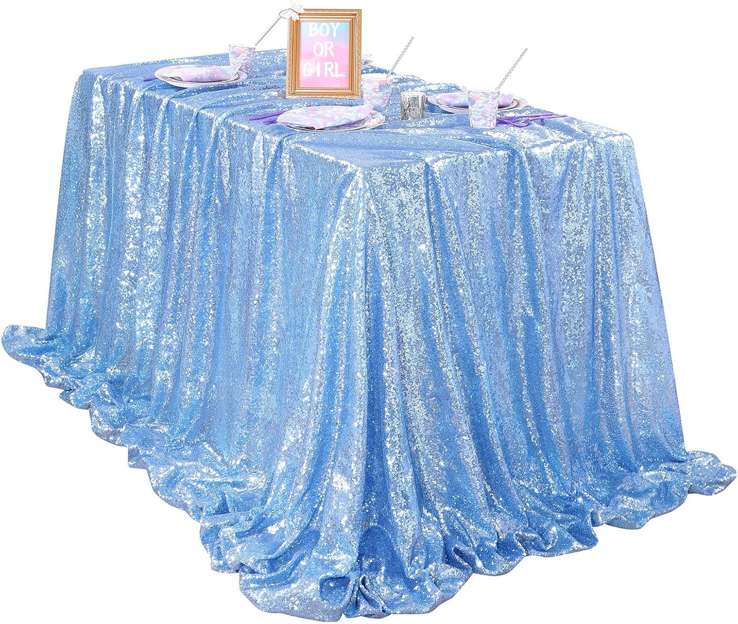QueenDream Baby Blue Party Tablecloth Decoration: Rectangle Shimmer Mermaid Tablecloth 90x90 Inch Sequin Cloth Frozen Birthday Decorations