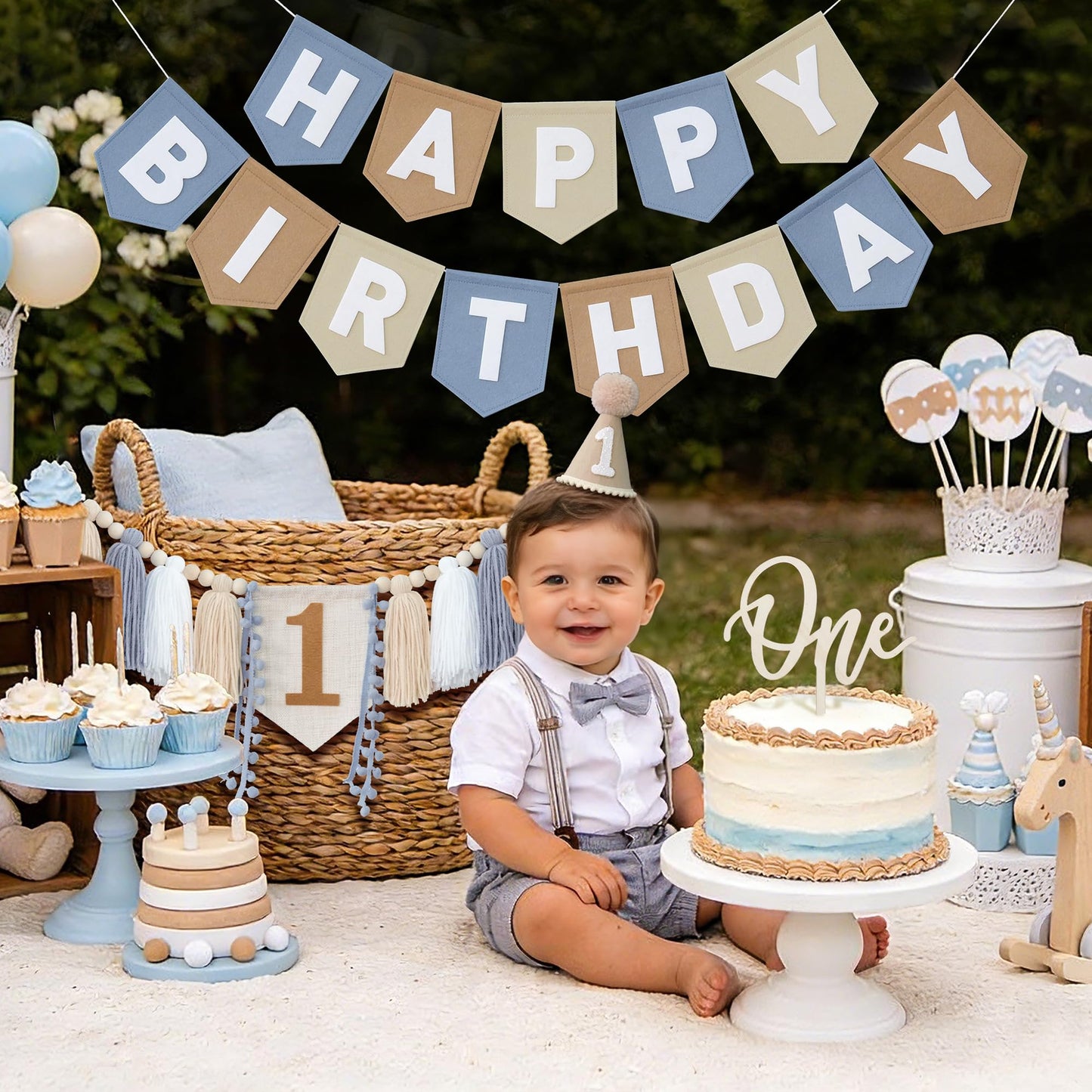 DCJHFJ First Birthday Decorations for Boy Felt Khaki Blue Happy Birthday High Chair Banner