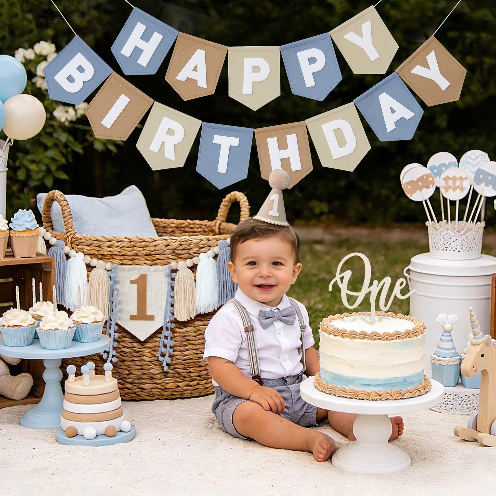 DCJHFJ First Birthday Decorations for Boy Felt Khaki Blue Happy Birthday High Chair Banner