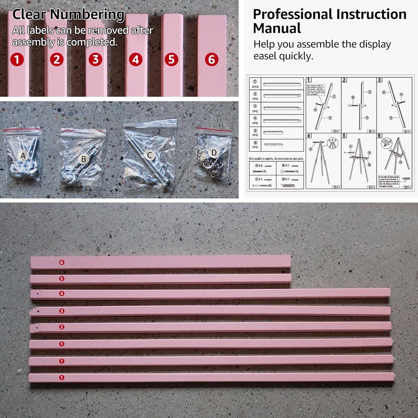 NianFeng Wooden Easel Stand for Sign, Easel Display Stand Floor for Wedding Sign with Adjustable Tray, 63-Inch, Tripod A-Frame Poster Light Duty, Welcome, Art Show & Baby Shower (Pink)