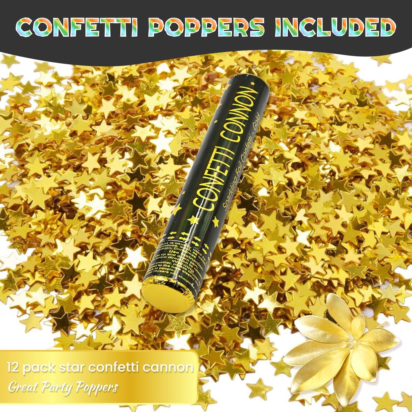 Confetti Poppers Gold Confetti Cannon 12Pack Metallic Foil Stars Sequin Golden Confetti Party Poppers Confetti Shooters for Celebration Birthday Wedding 2024Graduation 4th of July New Year Christmas