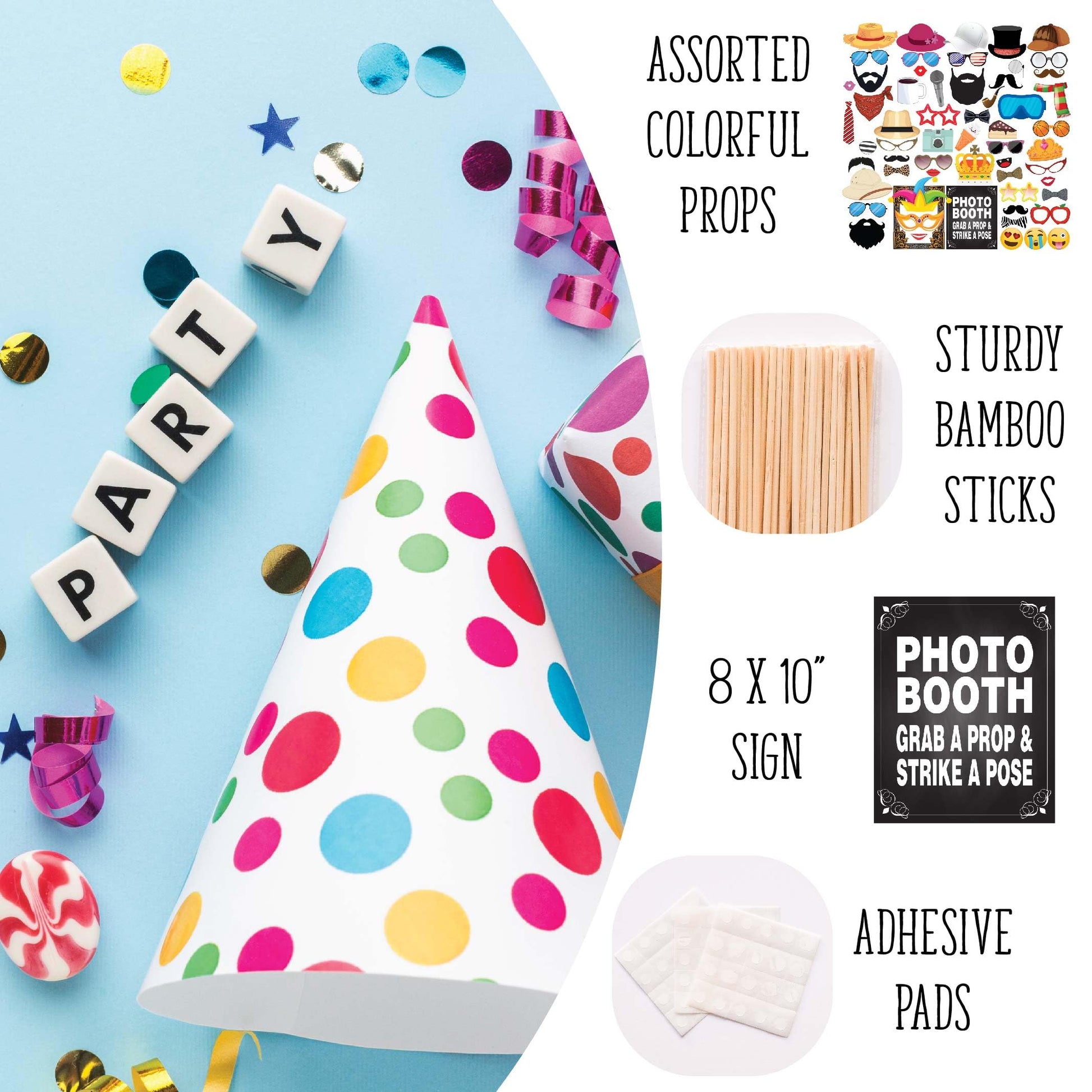 Party Photo Booth Props - 60-pc Photobooth Kit with 8 x 10-Inch Sign, 60 Adhesive Pads, 45 Sticks