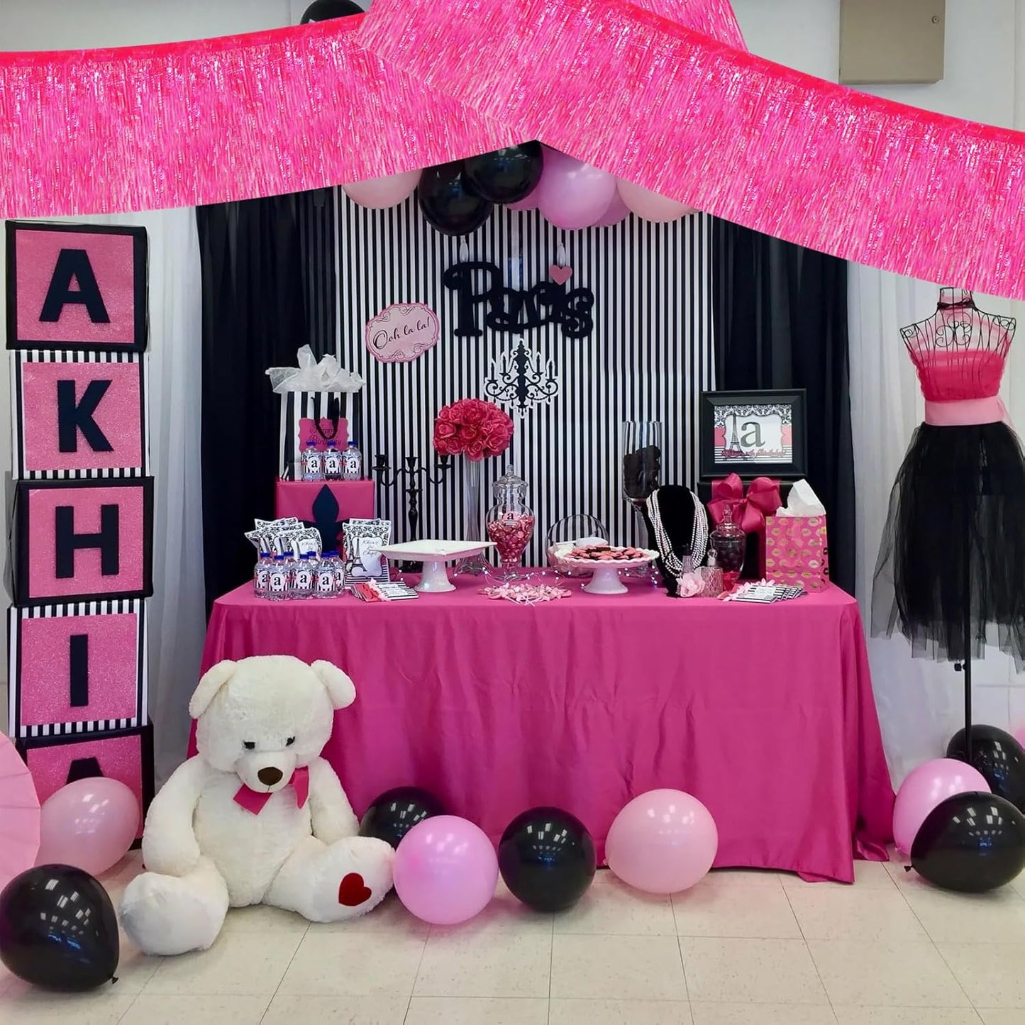 BEISHIDA 3 Packs Metallic Foil Fringe Garland Shining Dark Pink Wall Hanging Tinsel Fringe Banners for Car Floats Bridal Shower Wedding Birthday Easter Graduation Holiday Party Decoration(30 Feet)