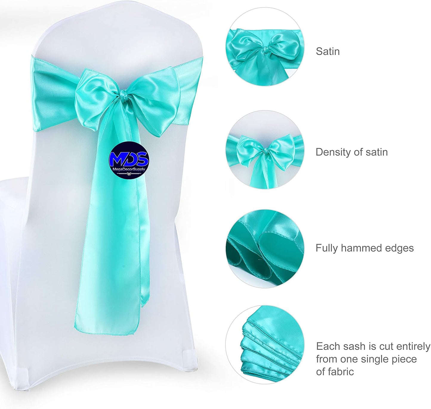 MDS Pack of 300 PCS Satin Chair Sashes Charmeuse Sateen Dining Chair Bows Ribbon Ties Back Sash for Wedding Party Birthday Home Hotel Restaurant Banquet Decoration (7 x 108 Inch, Sea Green)