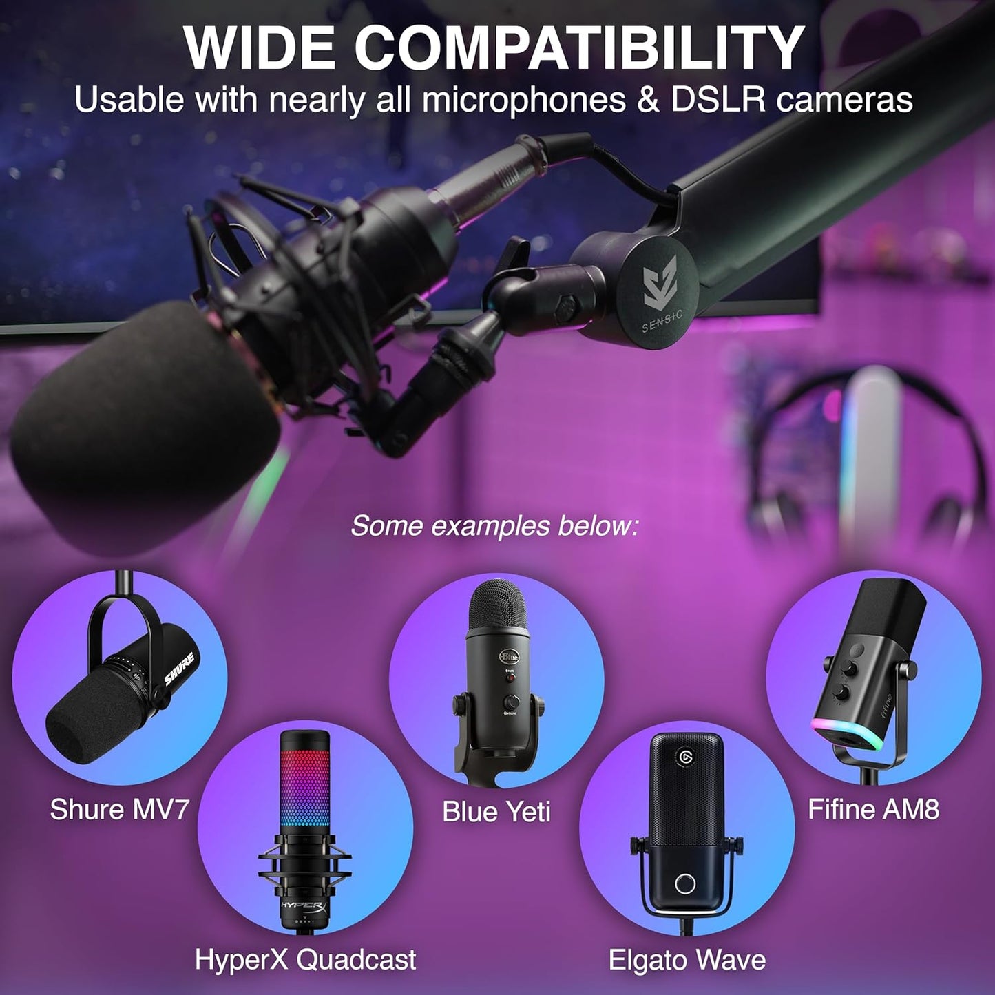 Sensic SA-30 Microphone Boom Arm, 360° Rotatable Mic Stand with 6 inch riser, Microphone Holder with 1/4", 3/8" and 5/8" Adapters, Professional Microphone Arm with Accessories, Mic Boom Arm Black