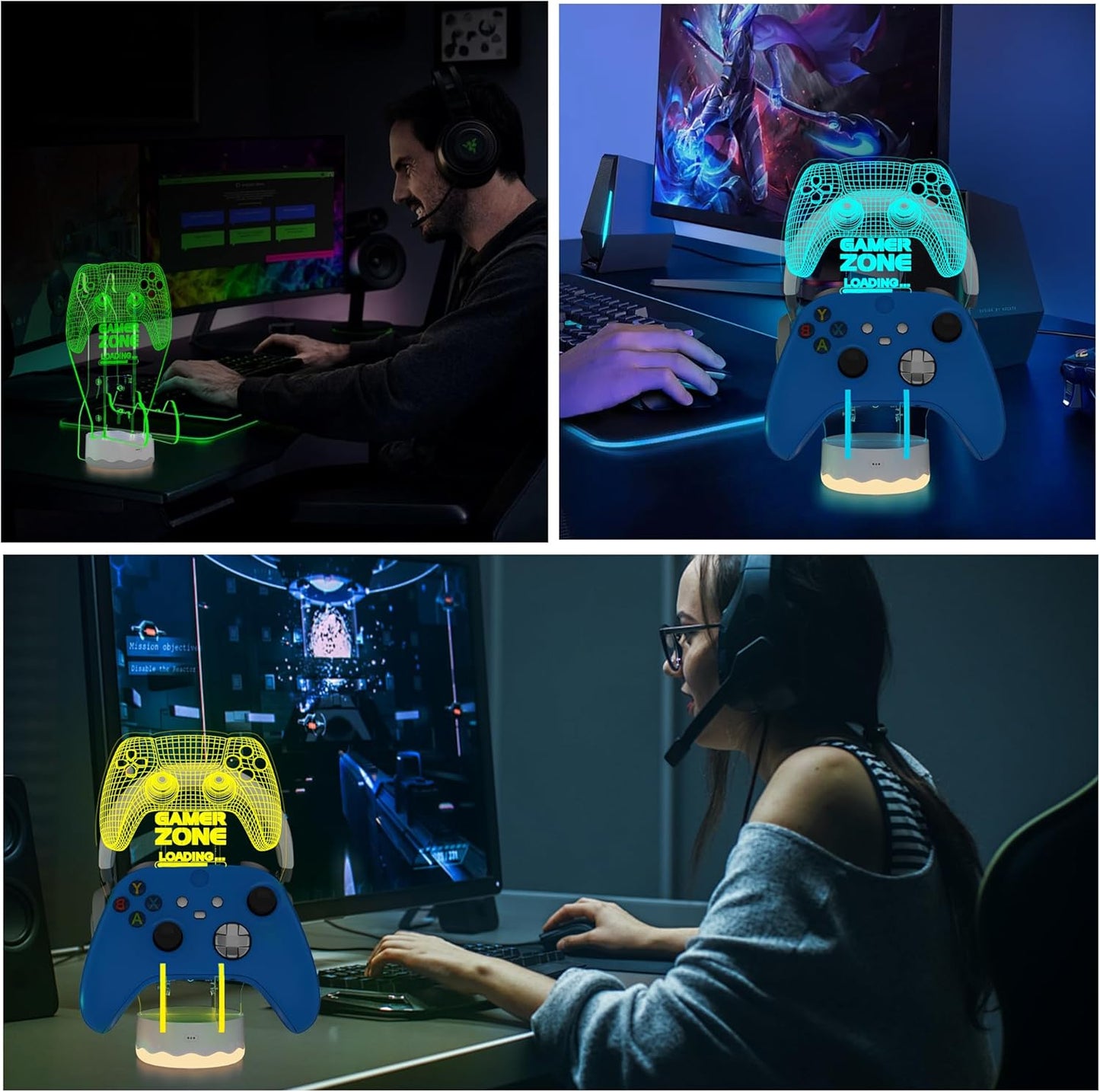 Light up Headset and Controller Stand, 16 Colors 3D LED Lights Gamepad Headphone Holder with Remote Control, Game Controller Hanger for All Universal Gaming PC Accessories