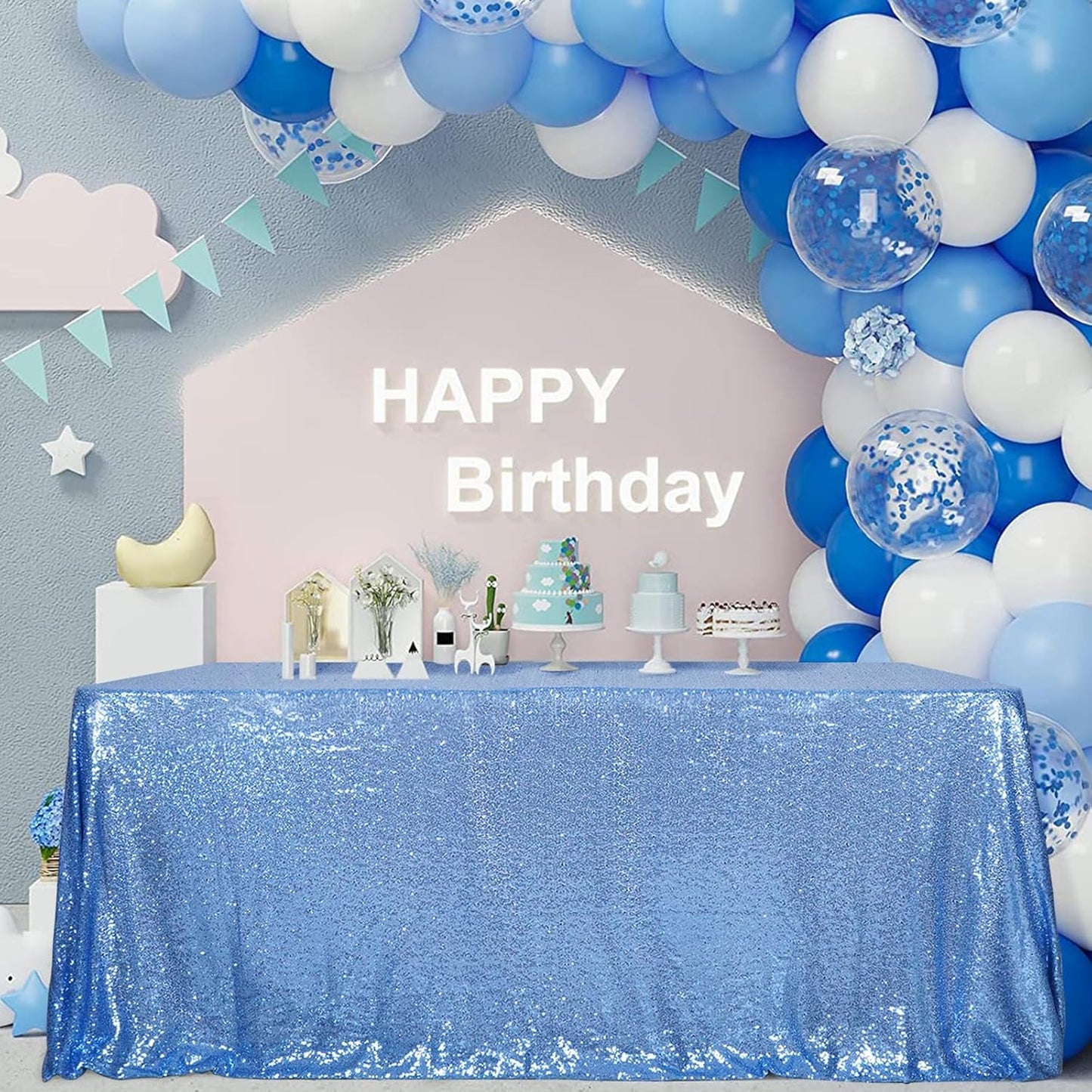 SquarePie Sequin Tablecloth 50 x 72 Inch Baby Blue Sparkly Table Linen for Wedding Party