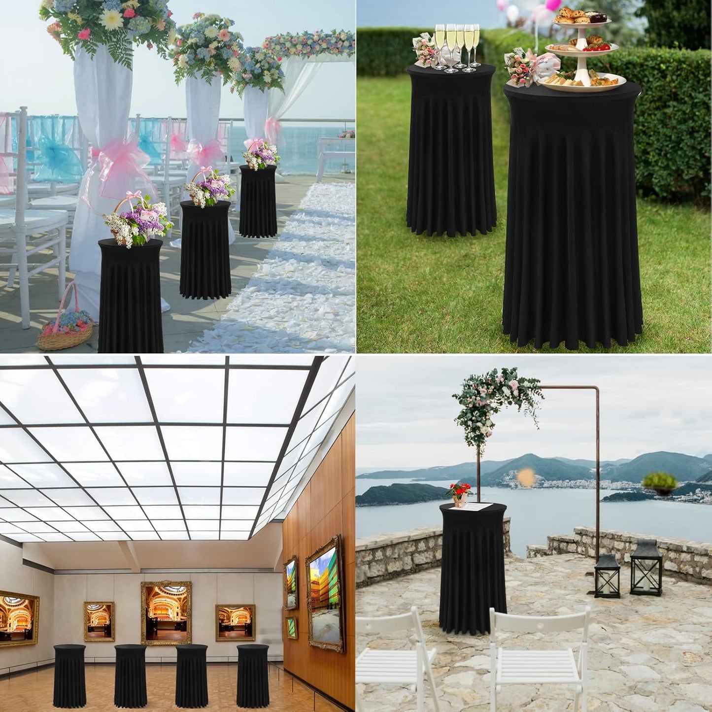 Cocktail Table Covers - 2 Pack 24"x 43" Black Cocktail Table Tablecloth with Natural Wavy Round Skirt for Bar Wedding Party Banquet
