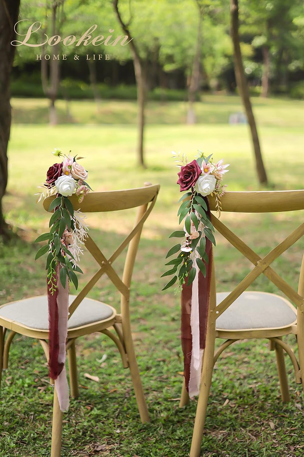 Lookein Wedding Aisle Chair Decorations Set of 8 Pew Flowers with Tails for Wedding Ceremony Chair Decorations, Marsala