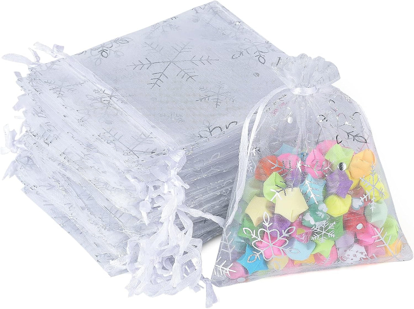 jijAcraft 3x4 Inch Christmas Organza Bags - 50Pcs White Snowflake Gift Bags with Drawstring, Xmas Party Favor Sheer Mesh Pouches for Winter Gift, Candy, Jewelry Bag