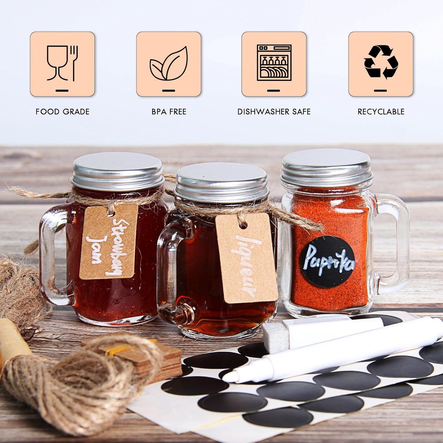 30 Pack Small Mason Jars, 1.5 oz Mini Mason Jar Glasses with Lids & Handles Mini Honey Jars DIY Decorations,Glass Favor Jars for Drink, Dessert, Candle, Craft, 30 Labels and Hemp Rope & Pen
