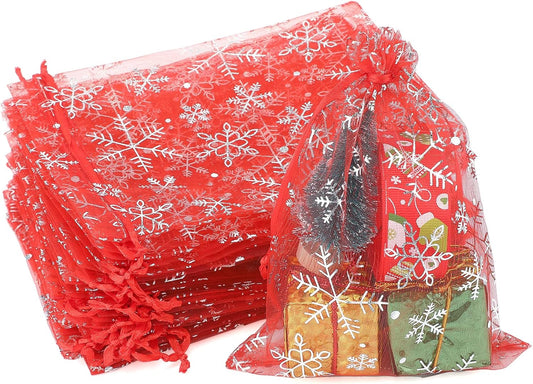 jijAcraft 5x7 Inch Christmas Organza Bags - 50Pcs Red Snowflake Gift Bags with Drawstring, Xmas Party Favor Sheer Mesh Pouches for Winter Gift, Candy, Jewelry Bag