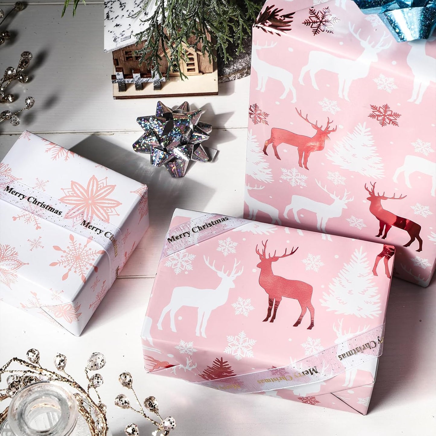 LeZakaa Christmas Pink Wrapping Paper Jumbo Roll, Reindeer & Snowflake, Metallic Foil, Rose Gold Foil Reversible Design for Festive Winter Holiday, Family Gathering, 30 inches x 32.8 Feet
