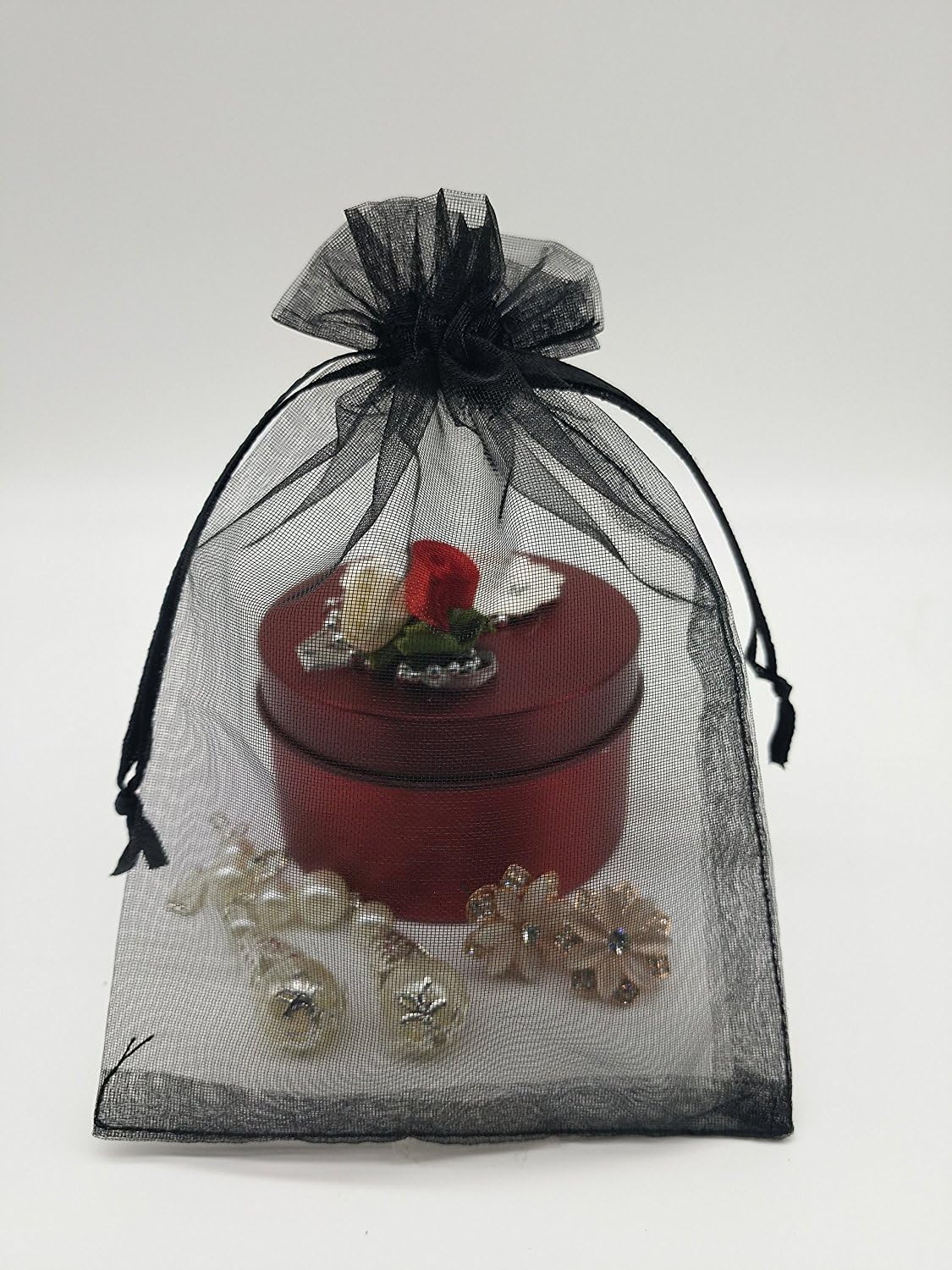 Wudygirl 100pcs Drawstring Organza Bags 5 x 7 Inch Black Transparent Jewelry Lipstick Pouches Baby Shower Party Wedding Holidays Favor Seashell Candy Favor Bags(Black 5x7'')