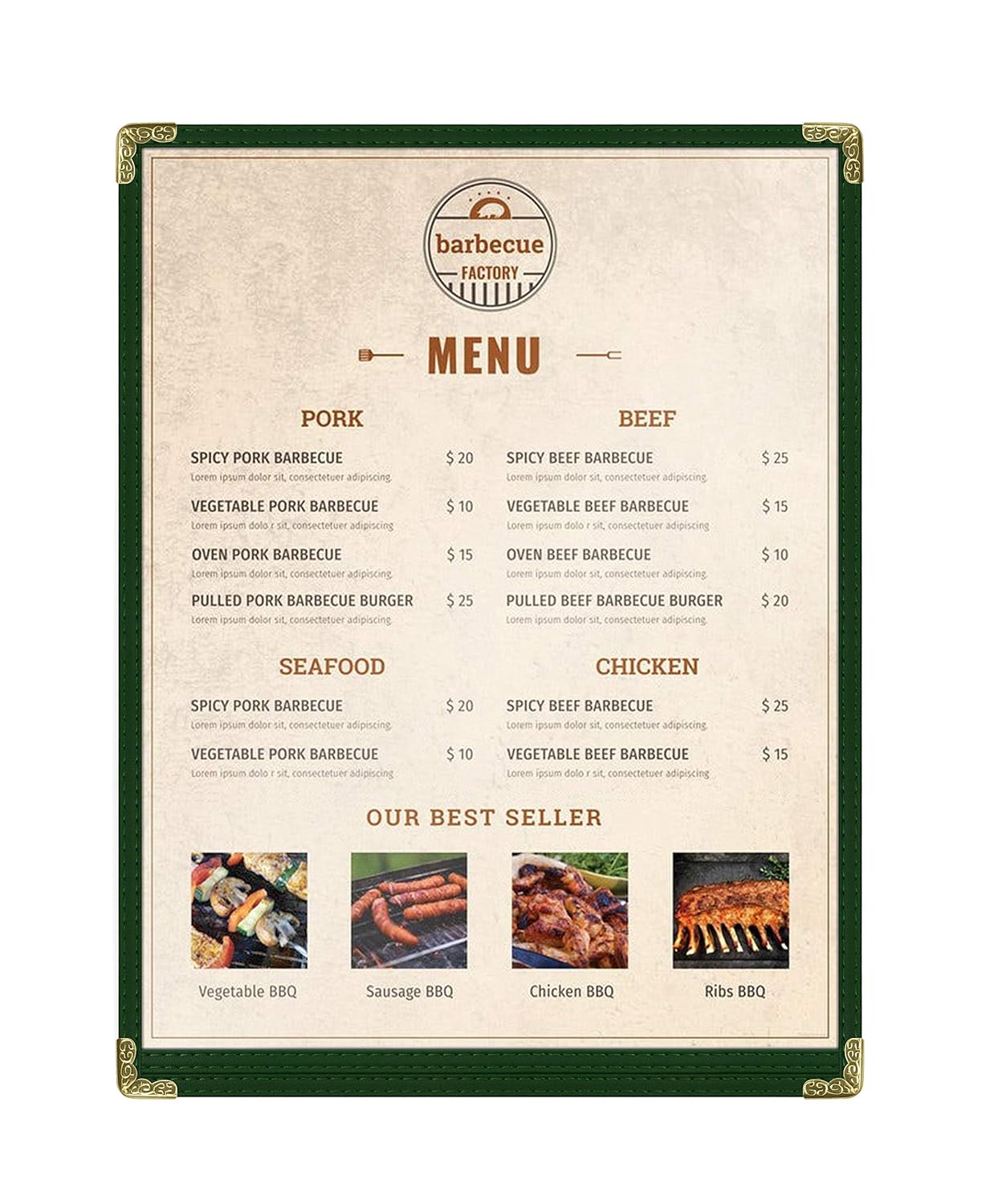 Goodsmart Restaurant Menu Covers - Green, 25 Pack, 8.5" x 11", 1-Page/2-View, Top-Loading Vinyl Menu Holders, Clear Sleeves, Double-Stitched Edge, Leather-Style Café Covers with Gold Corners