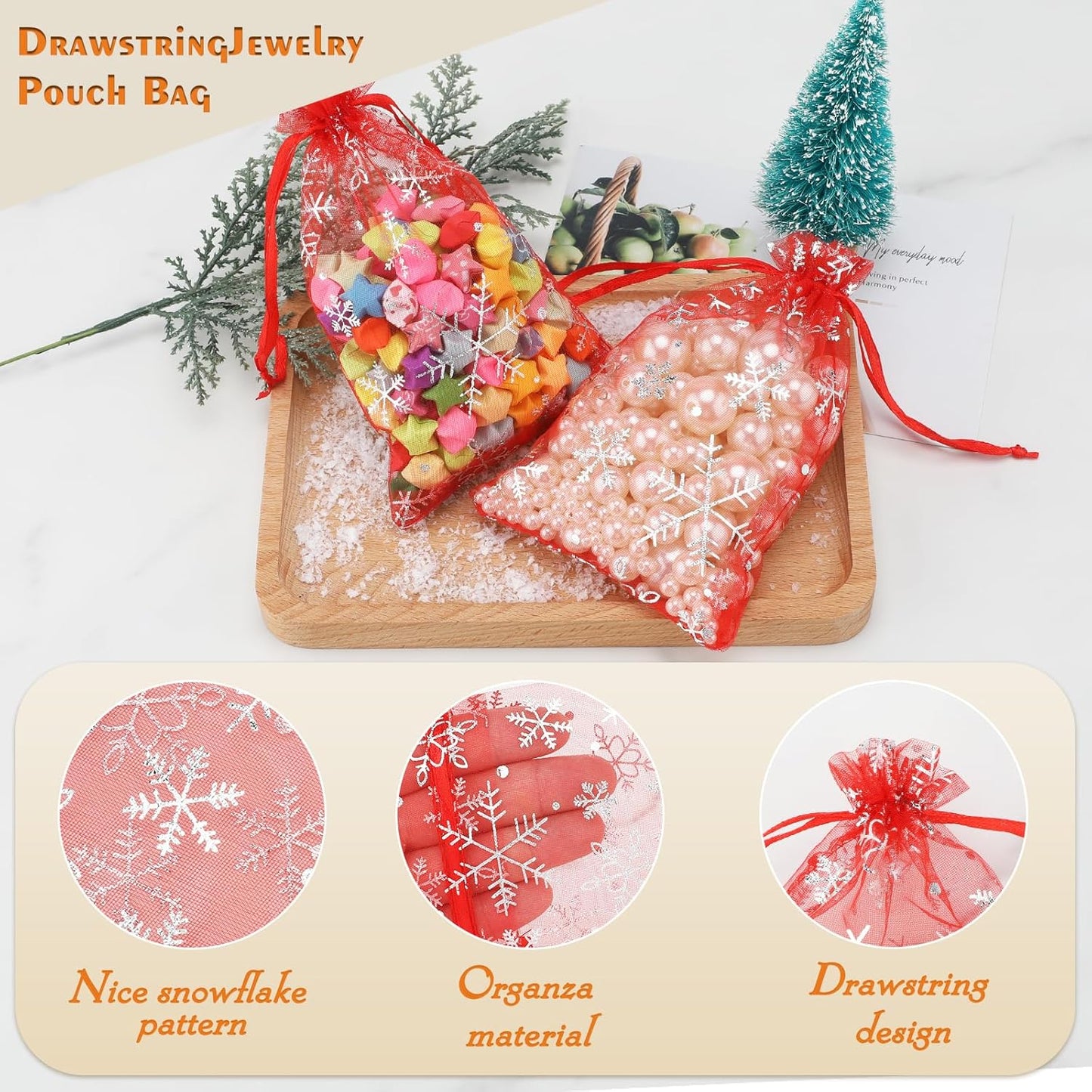 jijAcraft 4x6 Inch Christmas Organza Bags - 50Pcs Red Snowflake Gift Bags with Drawstring, Xmas Party Favor Sheer Mesh Pouches for Winter Gift, Candy, Jewelry Bag