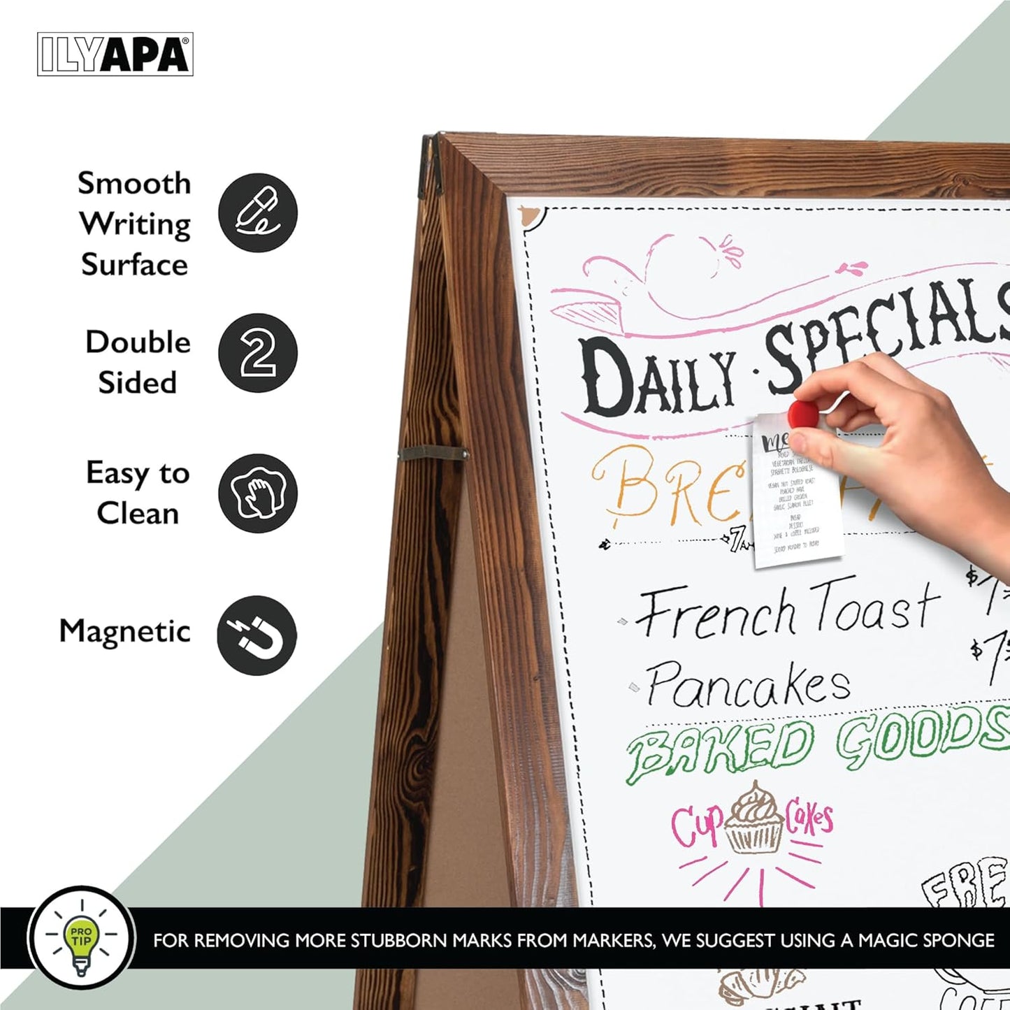Ilyapa Wooden Dry Erase A Frame Sign - Magnetic Whiteboard Sidewalk Menu Board Outdoor - Menu Display for Restaurant, Food Truck - 58x27 inch - Brown