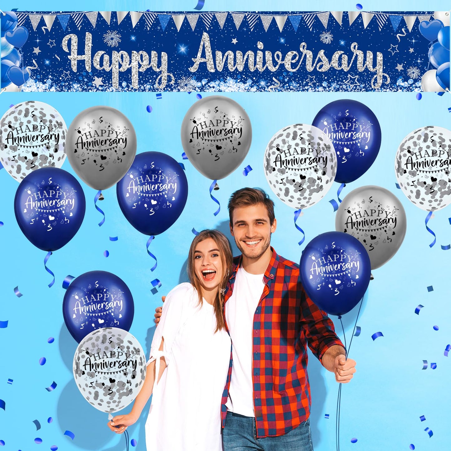 Blue Happy Anniversary Decorations for Men Women, Silver Blue Happy Anniversary Banner and 18pcs