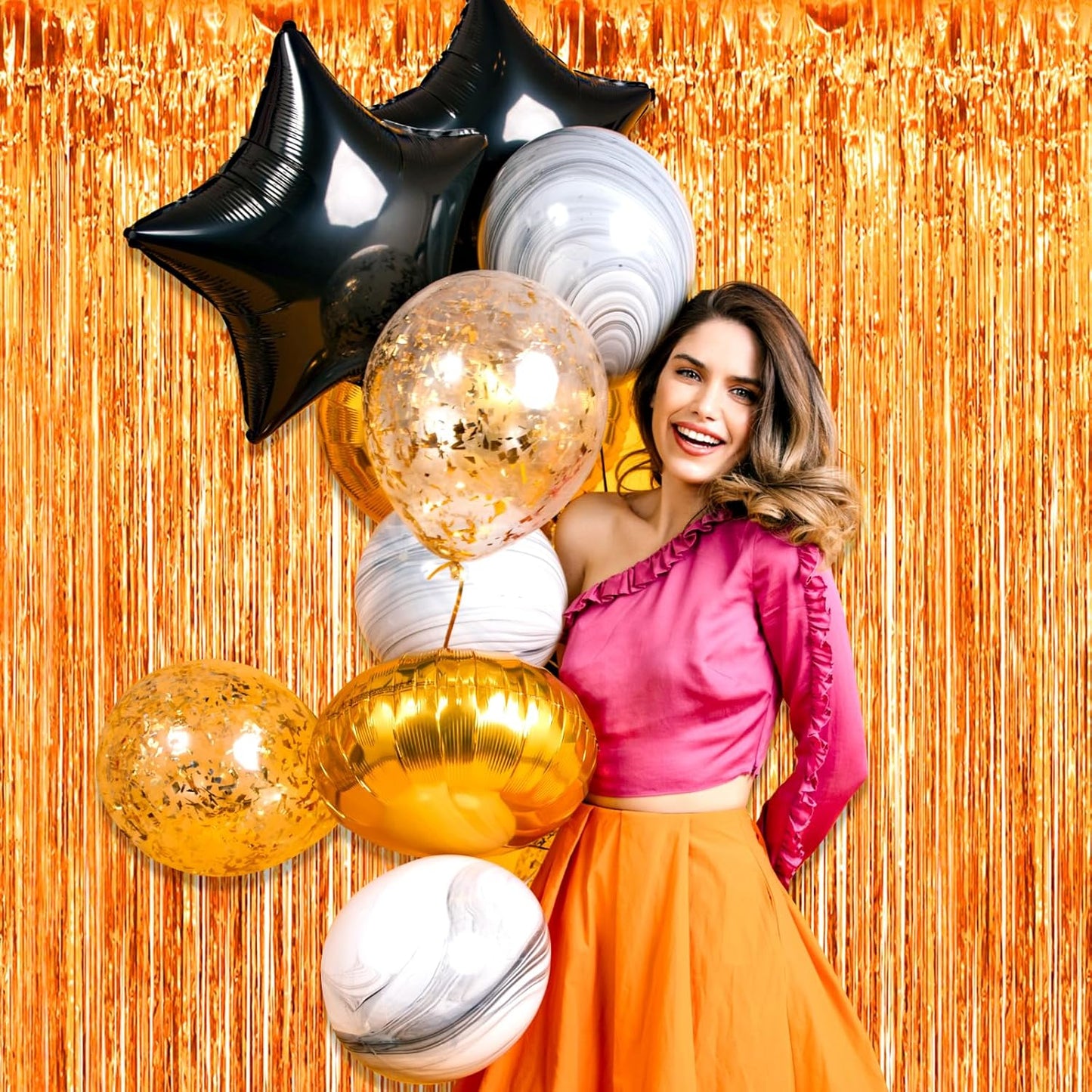 3 Pack Orange Foil Fringe Curtain Backdrop, 3.28Ft x 8.2Ft Metallic Tinsel Foil Fringe Streamer Curtains for Photo Booth, Mother's Day, Easter, Birthday, Wedding Party Decorations