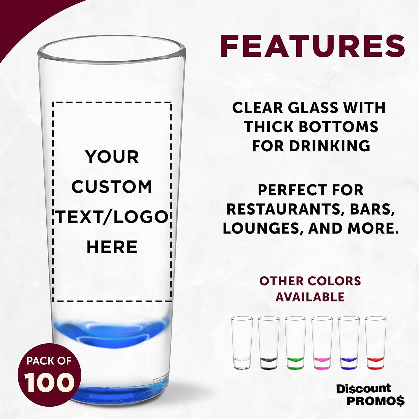 Custom Cordial Shooter Shot Glasses 2 oz. Set of 100, Personalized Bulk Pack - Great for Birthdays, Parties, Indoor & Outdoor Events - Blue