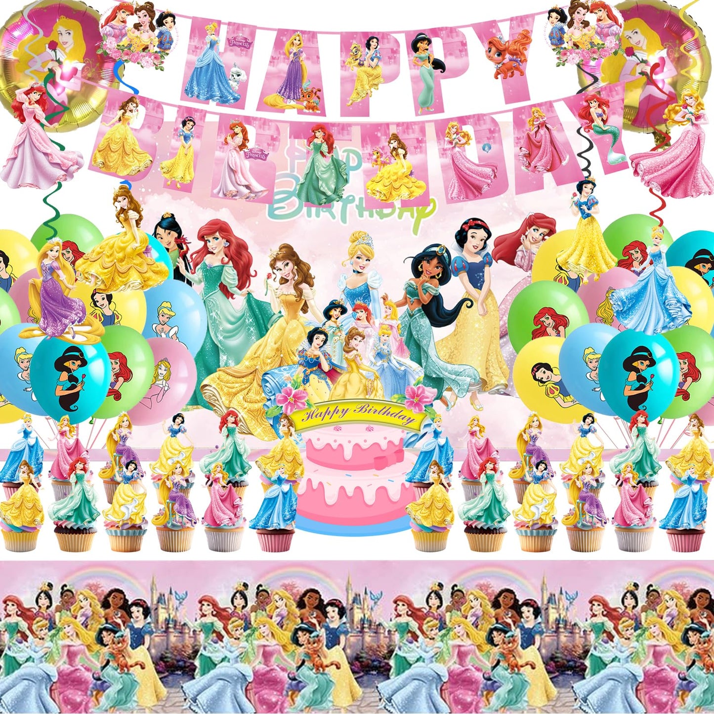 62PCS Disne Princess Party Supplies, Birthday Decorations Set Include Banner, Balloons, Backdrop