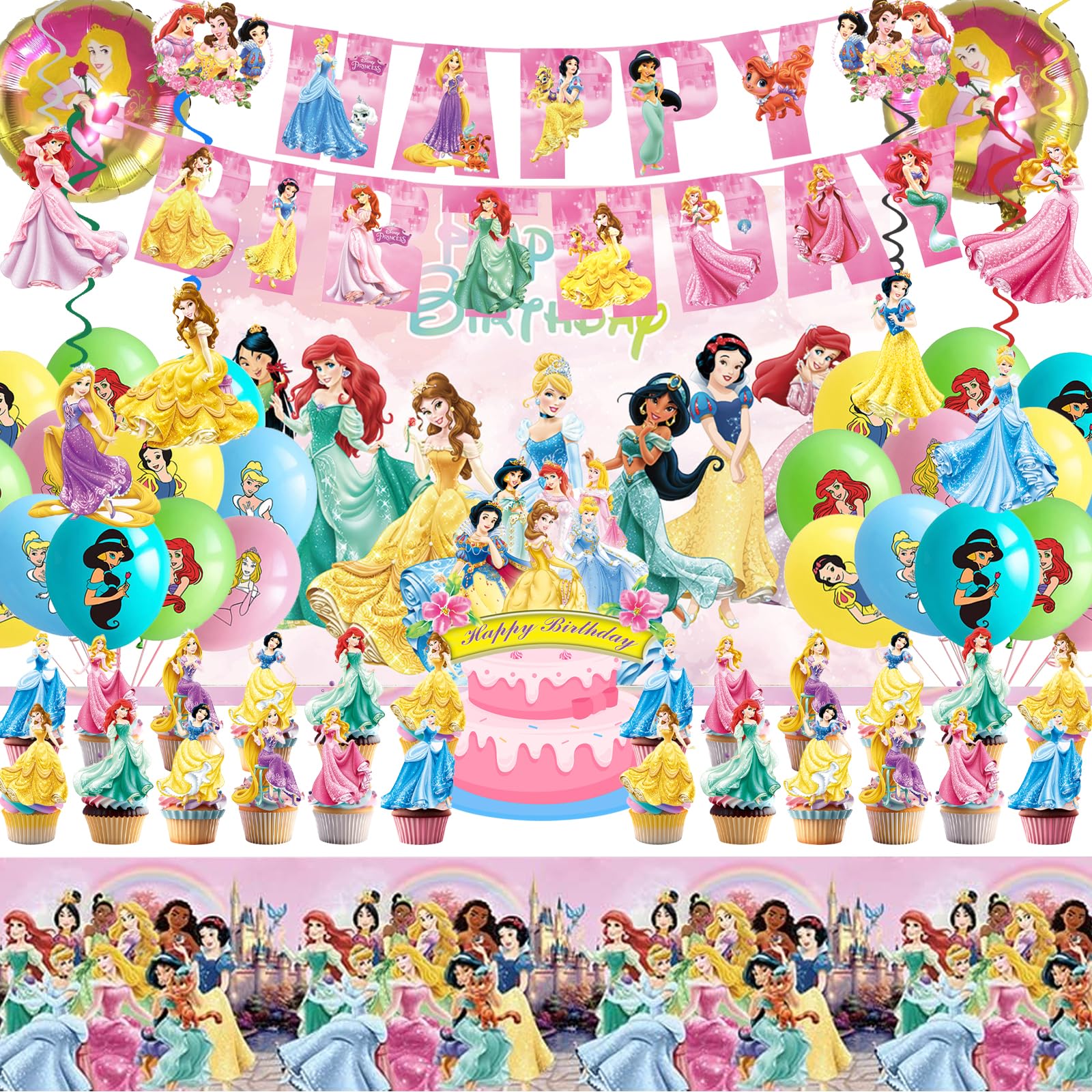 62PCS Disne Princess Party Supplies, Birthday Decorations Set Include Banner, Balloons, Backdrop