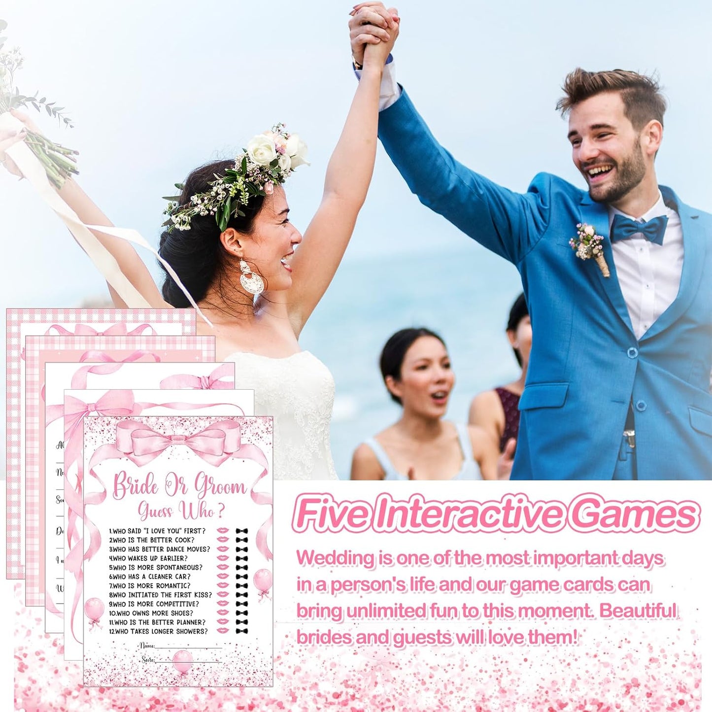 Teling 145 Pieces Bridal Shower Game Bridal Shower Favors Set Wedding Games Cards and Pencils for Bride Groom Bachelorette Party Wedding Party Favor (Pink Bow Style)