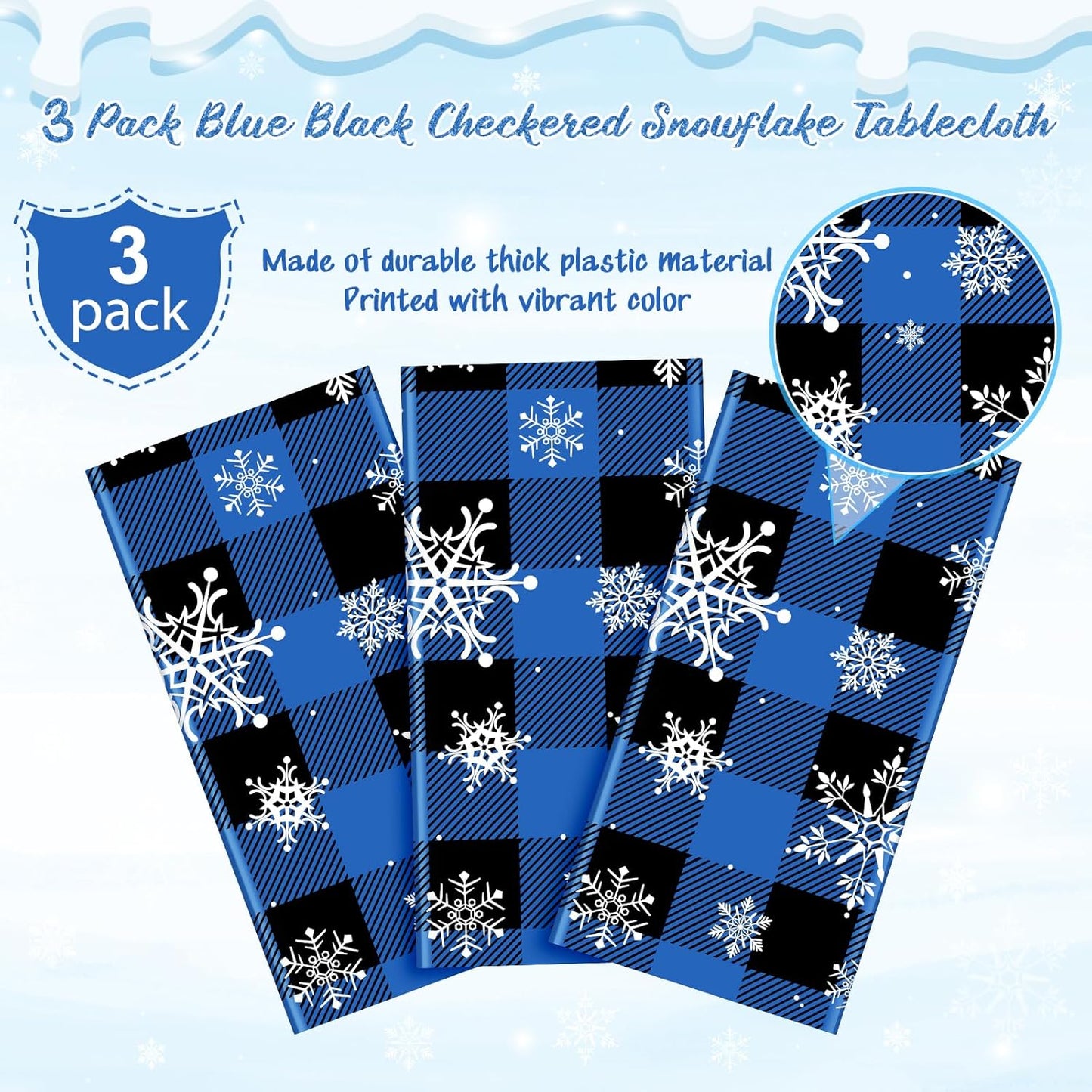 3Pcs Christmas Buffalo Plaid Snowflake Party Tablecloths Decorations,Plastic Black and Navy Blue Checkered Rectangle Table Cover for Winter Christmas Birthday Holiday Party Decorations,54x108 inch