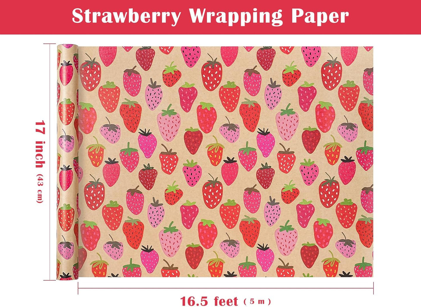 WRAPAHOLIC Kraft Strawberry Wrapping Paper Roll - Mini Roll - 17 Inch x 16.5 Feet - Sweet Strawberry Fruits Wrapping Paper for Summer, Birthday, Wedding, Bridal Shower