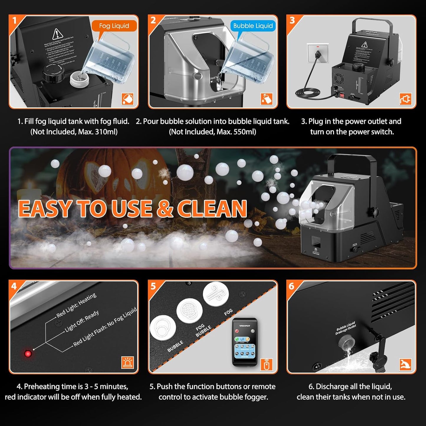 Smoke Machine, 3-in-1 Bubble Fog Machine, 450W Bubble Fogger with Remote Control, Make Colorful Bubbles | Fog Bubbles | Continuous Fog for Stage DJ Wedding Halloween Party