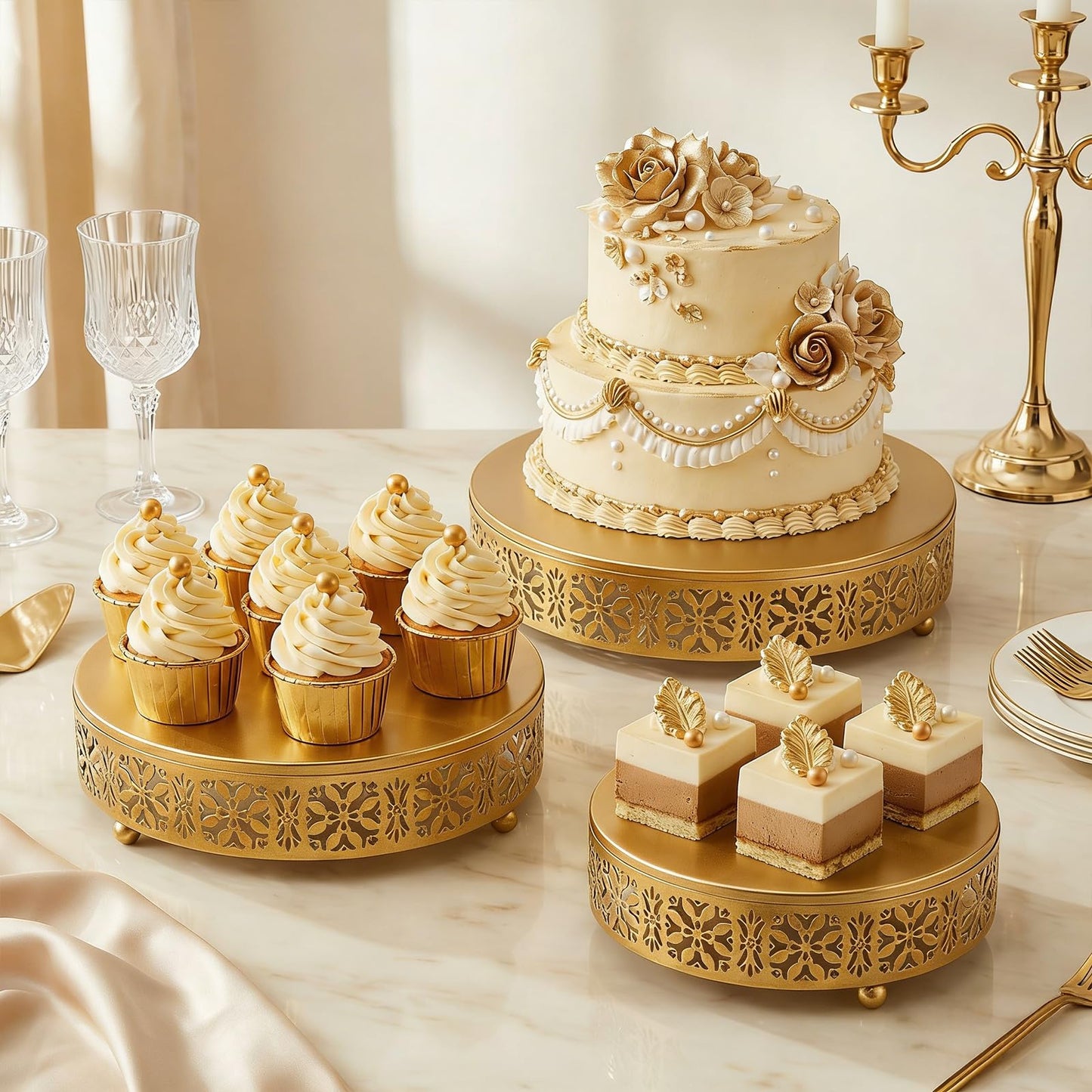 Coloch 3 Pieces Golden Cake Stand Set, 8/10/12 Inch Round Metal Dessert Display Stand Decorative