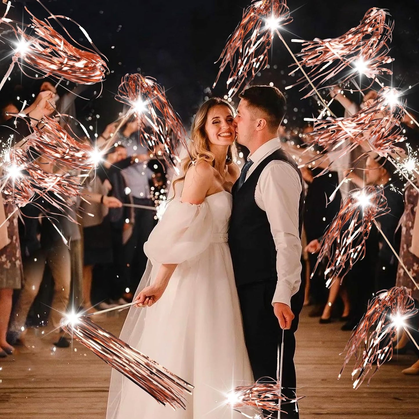100 pcs Wedding Wands Light up with LED Tinsel Wedding Streamers for Wedding Send off and Greeting Ideal Props for Weddings, Birthday Parties, Christmas Cheerleading Games (Rose Gold)