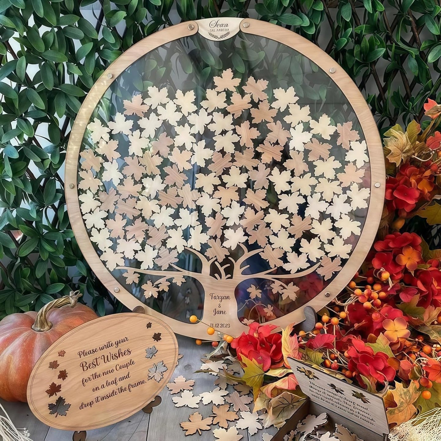 Personalized Wedding Guest Book Alternative - Wooden Leaf Guest Book Wedding, Personalized Wedding Reception, Custom Wooden GuestBook, Stereoscopic Tree Guest Book