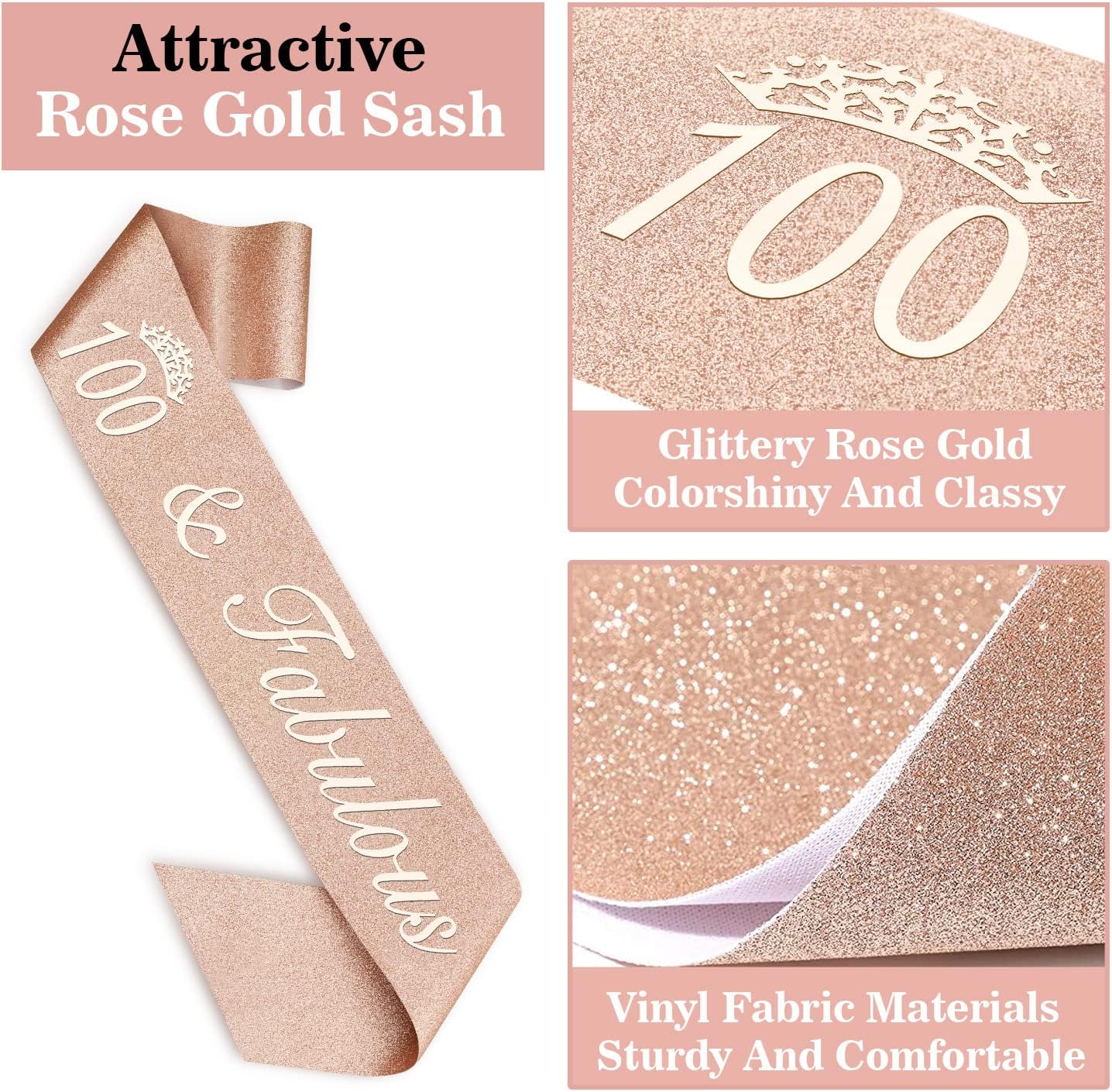 100th Birthday Decorations Women, Including Birthday Crown/Tiara, Sash, Cake Topper and Candles, Gifts for 100 Year Old Woman