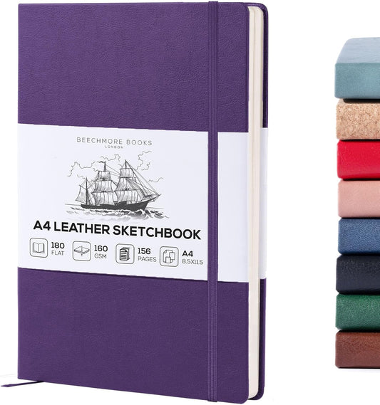 Beechmore Books A4 Sketchbook ??8.5x11 Premium Vegan Leather Bound Large Sketch Book Hardcover with 156 Thick 160gsm Perforated Ivory Pages, Blank Sketch Pad, Gift Boxed, Back Pocket, Ribbon Bookmark