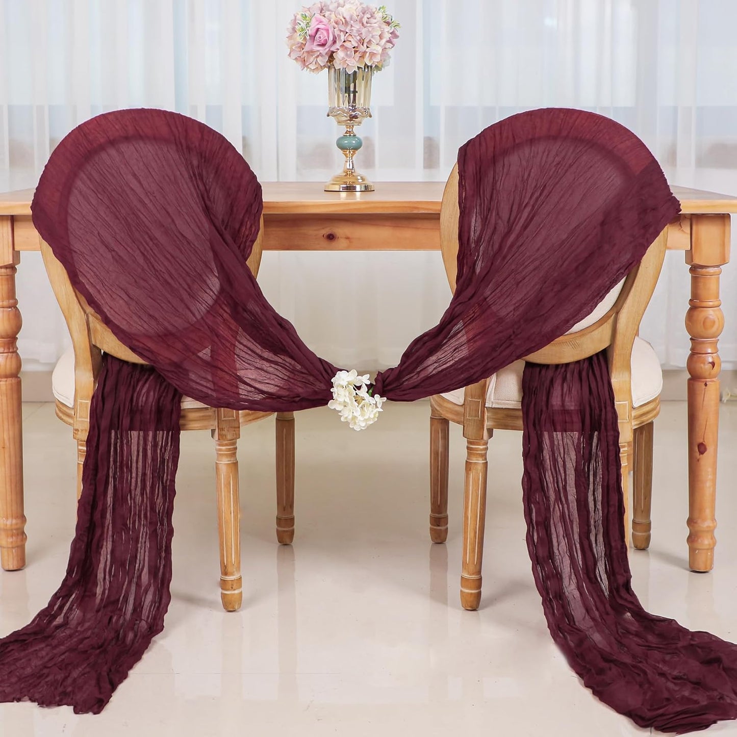 Snowkingdom 10 Ft Burgundy Red Fall Thanksgiving Cheesecloth Table Runner, Cheese Cloth Boho Rustic Gauze Runner for Wedding Bridal Baby Shower Birthday Christmas Sheer Home Table Decorations
