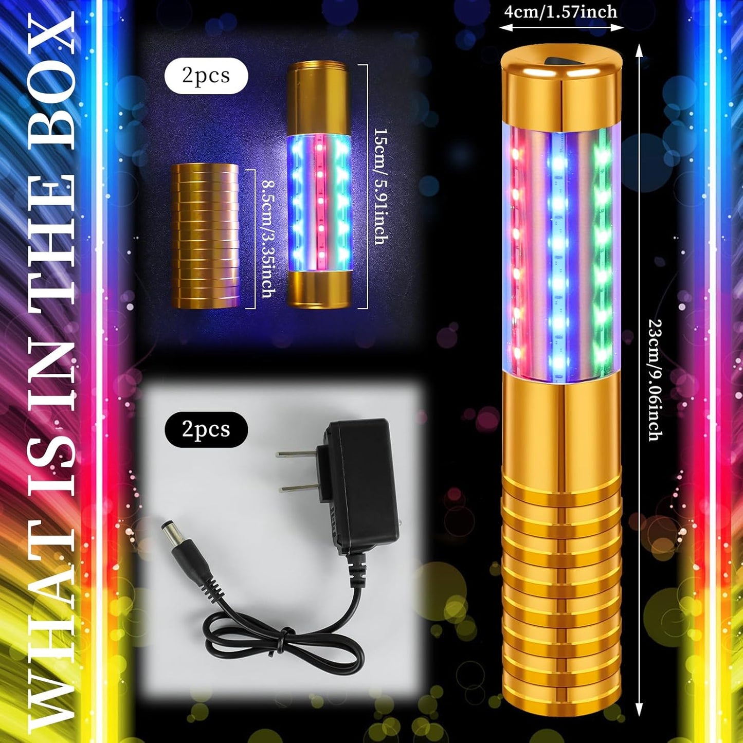 2 Pieces RGB LED Strobe Baton Light Rechargeable Bottle Service Sparklers Stick Reusable Champagne Bottle Handheld LED for Club Stage Nightclub Party Concert Event Bar Outdoor - Gold