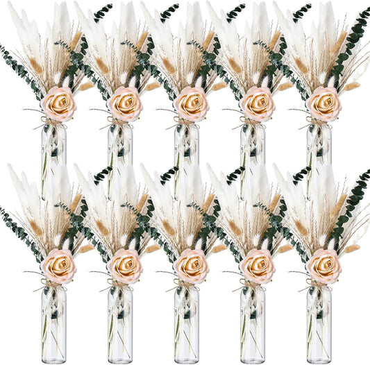 10 Set Dried Pampas Grass Centerpiece for Wedding 10 Clear Glass Jars 10 Artificial Roses 80 Dried Pampas Grass with Rope for Baby Shower Rustic Bridal Party Farmhouse Decoration (Champagne)