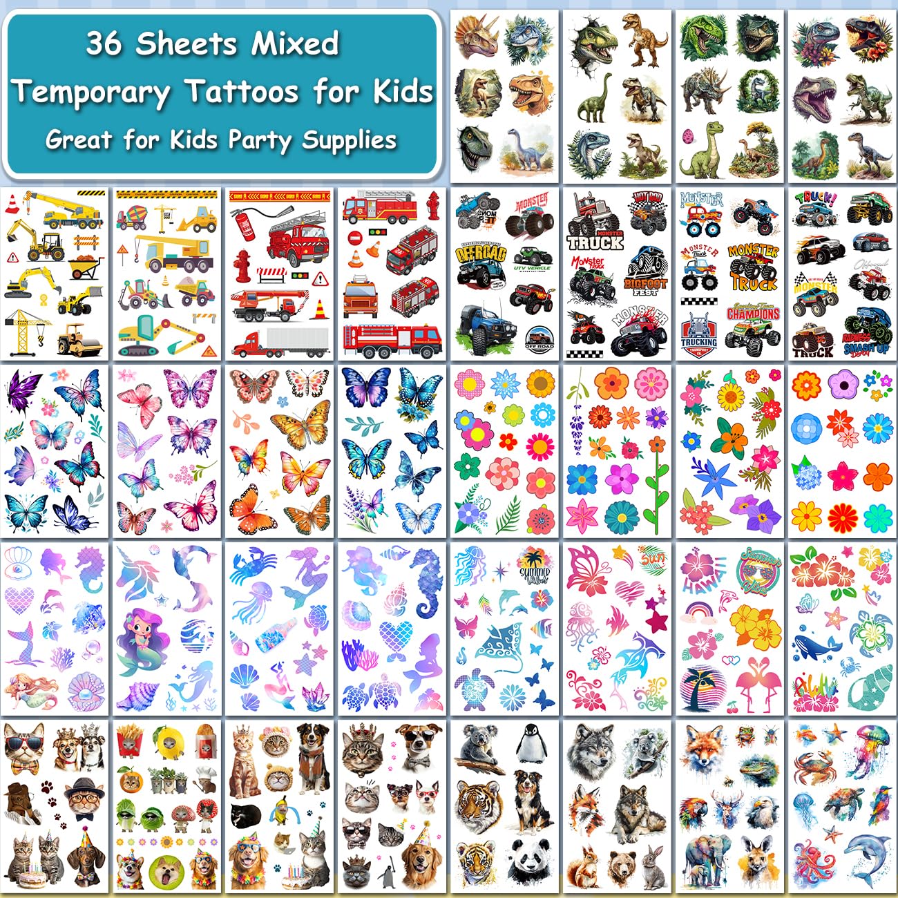 Temporary Tattoos for Kids - 320 Mixed Styles (36 Sheets) Tattoo Stickers Set for Boys and Girls, Car Dinosaur Hawaii Mermaid Watercolor Animals Tattoos for Kids Birthday Party Supplies
