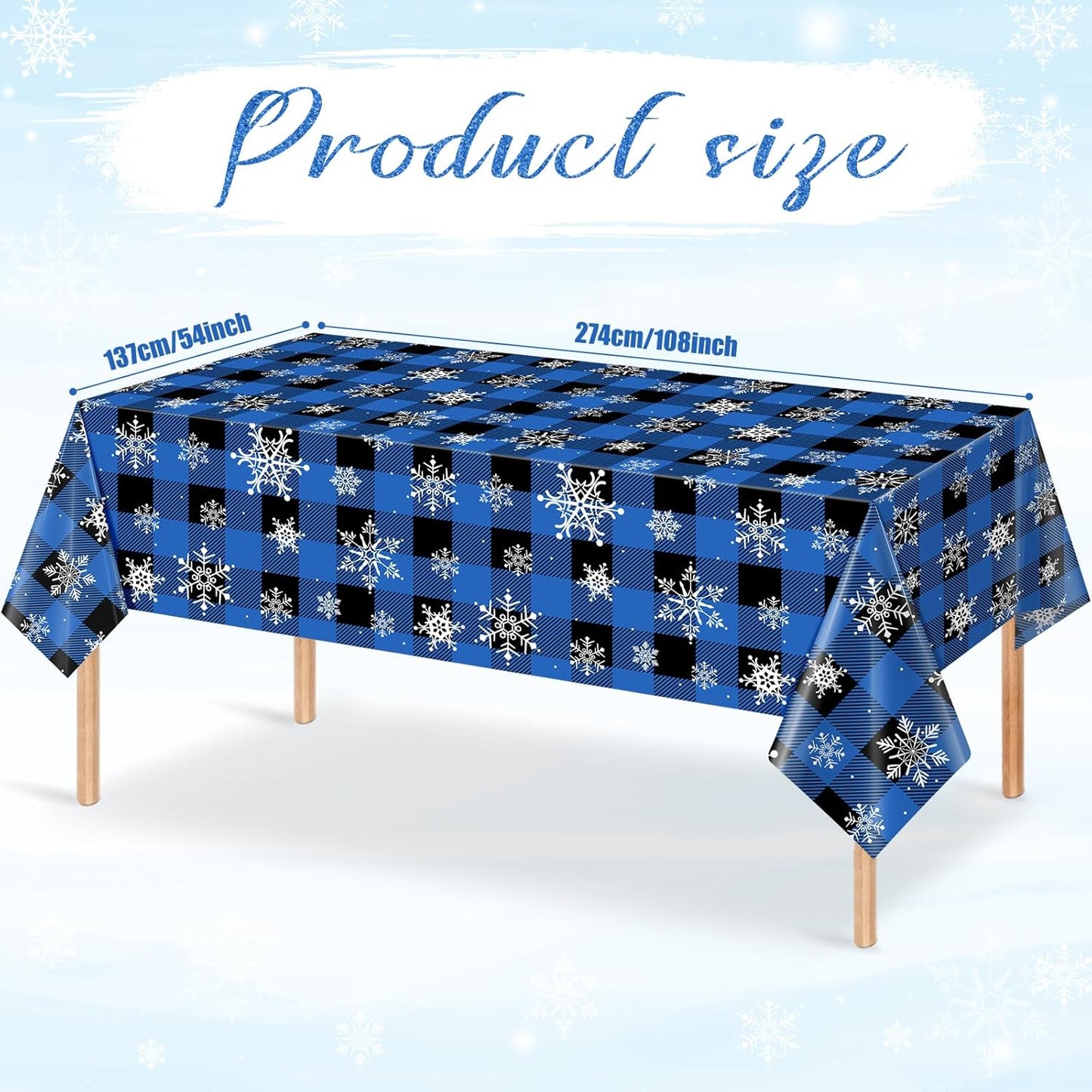 3Pcs Christmas Buffalo Plaid Snowflake Party Tablecloths Decorations,Plastic Black and Navy Blue Checkered Rectangle Table Cover for Winter Christmas Birthday Holiday Party Decorations,54x108 inch