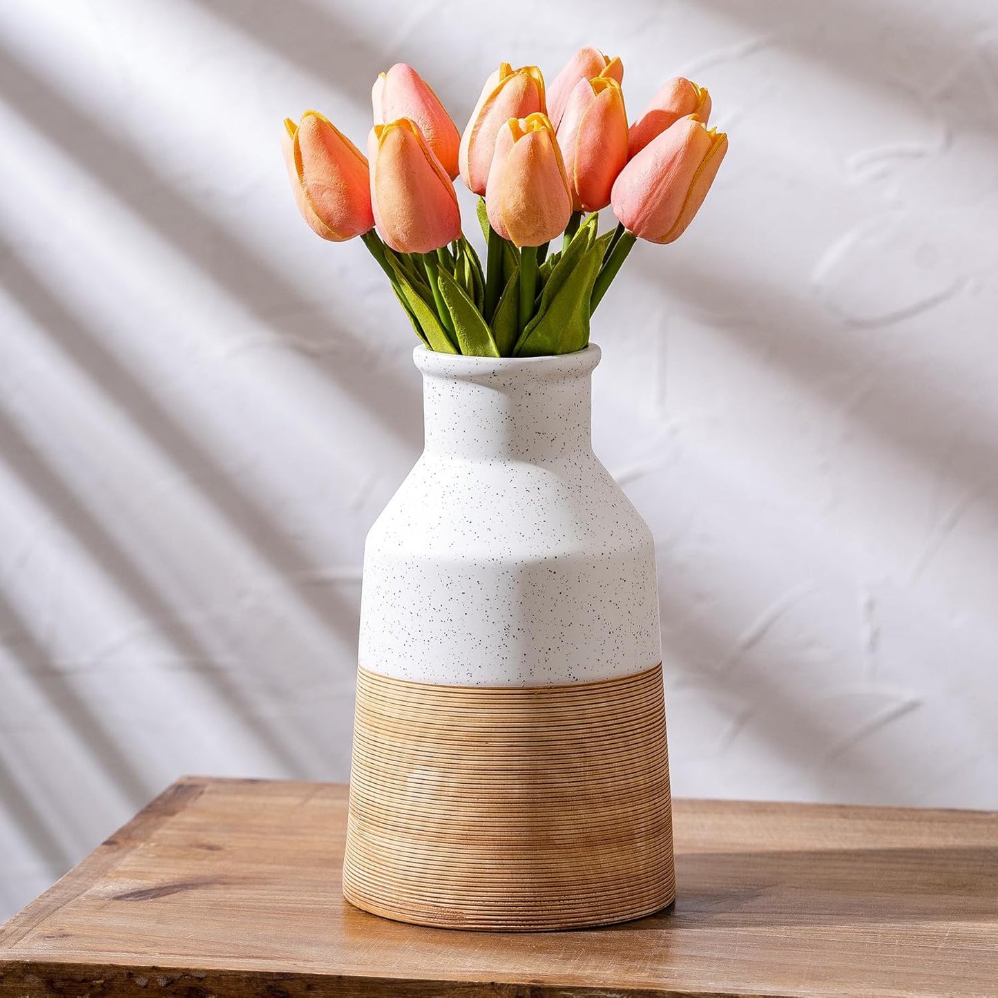 Rustic Farmhouse Flower Ceramic Striped Vase, White and Brown Decorative Ceramic Modern Floral Vase for Bouquet, Cottage Home Core Decor, Tabletop Bedroom Office Bookshelf Living Room Wedding 7.7 Inch