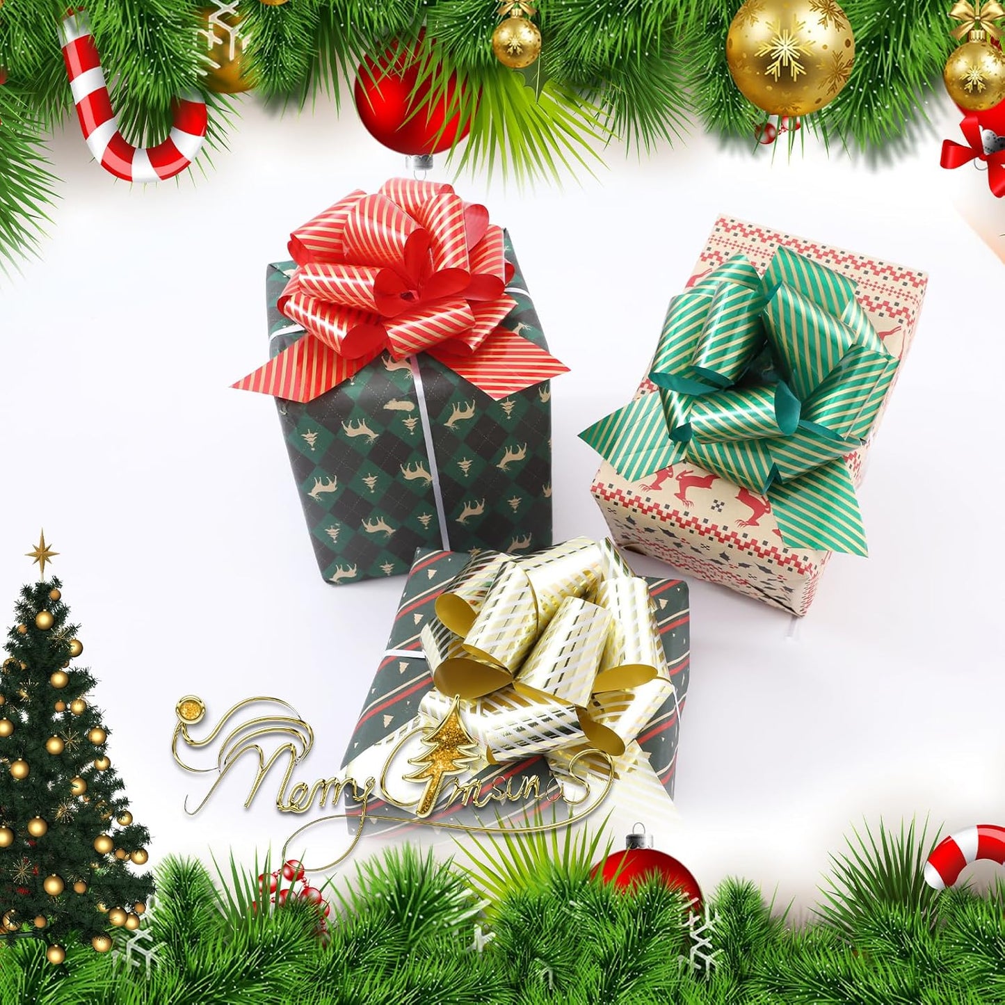 FORBINBO 12 Pieces Stripe Pull Bow Large Gift Wrapping Pull Bows with Ribbon for Christmas Presents Wedding Gift Wrapping Baskets