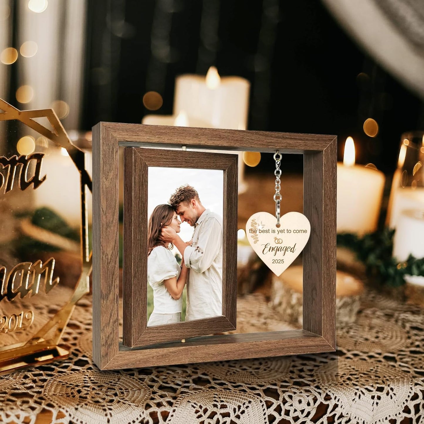 Rotating Engagement Picture Frame - Engagement Gifts for Couples, Holds Two 4x6 Photos, Real Glass Cover, Rustic Wooden Design with Heart Pendant, Gift-Ready Packaging
