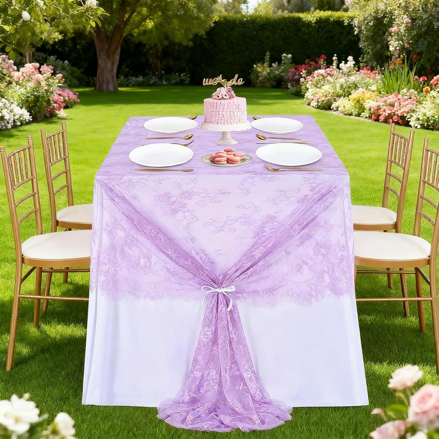Light Purple Tablecloth Outdoor Lace Table Fabric 2pcs 60x120 Inch for Farmhouse Rustic Wedding Bridal Shower Party Decoration Rectangle Overlay Vintage Embroidered Reception Table Cloth Decor