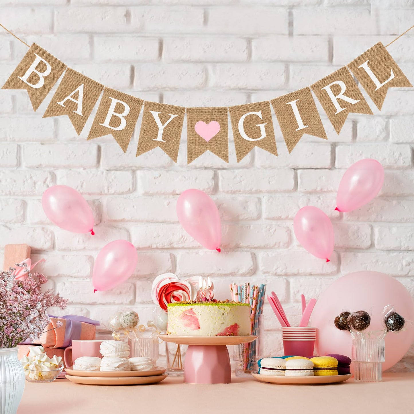Pre-Strung Baby Girl Burlap Banner, Gender Reveal Banner for Baby Shower Party Decorations (Light