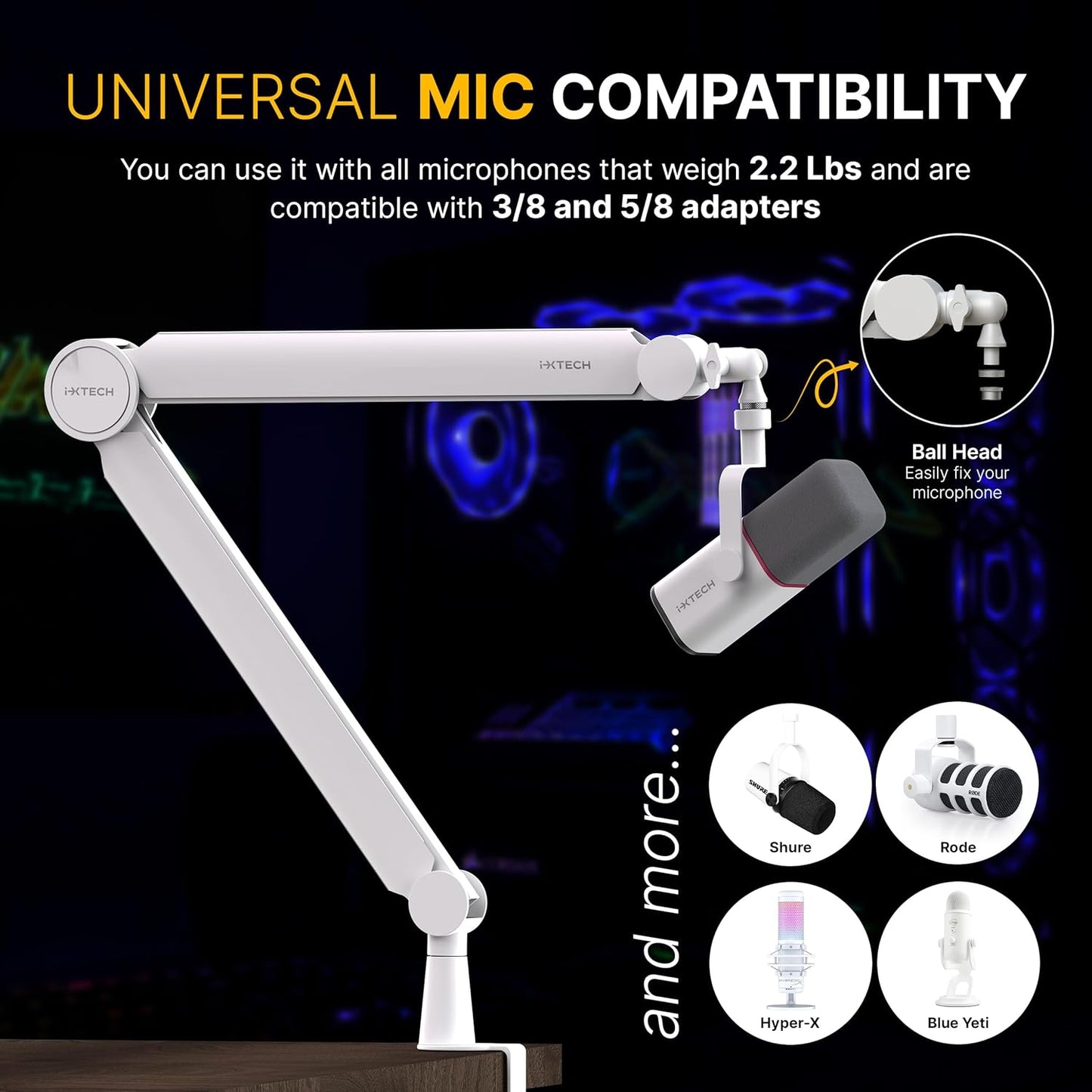 IXTECH Mic Arm White Premium Boom Arm 360° Rotatable Microphone Arm Stand with Desk Mount Fully Adjustable Sturdy and Universal VALIANT WHITE Model