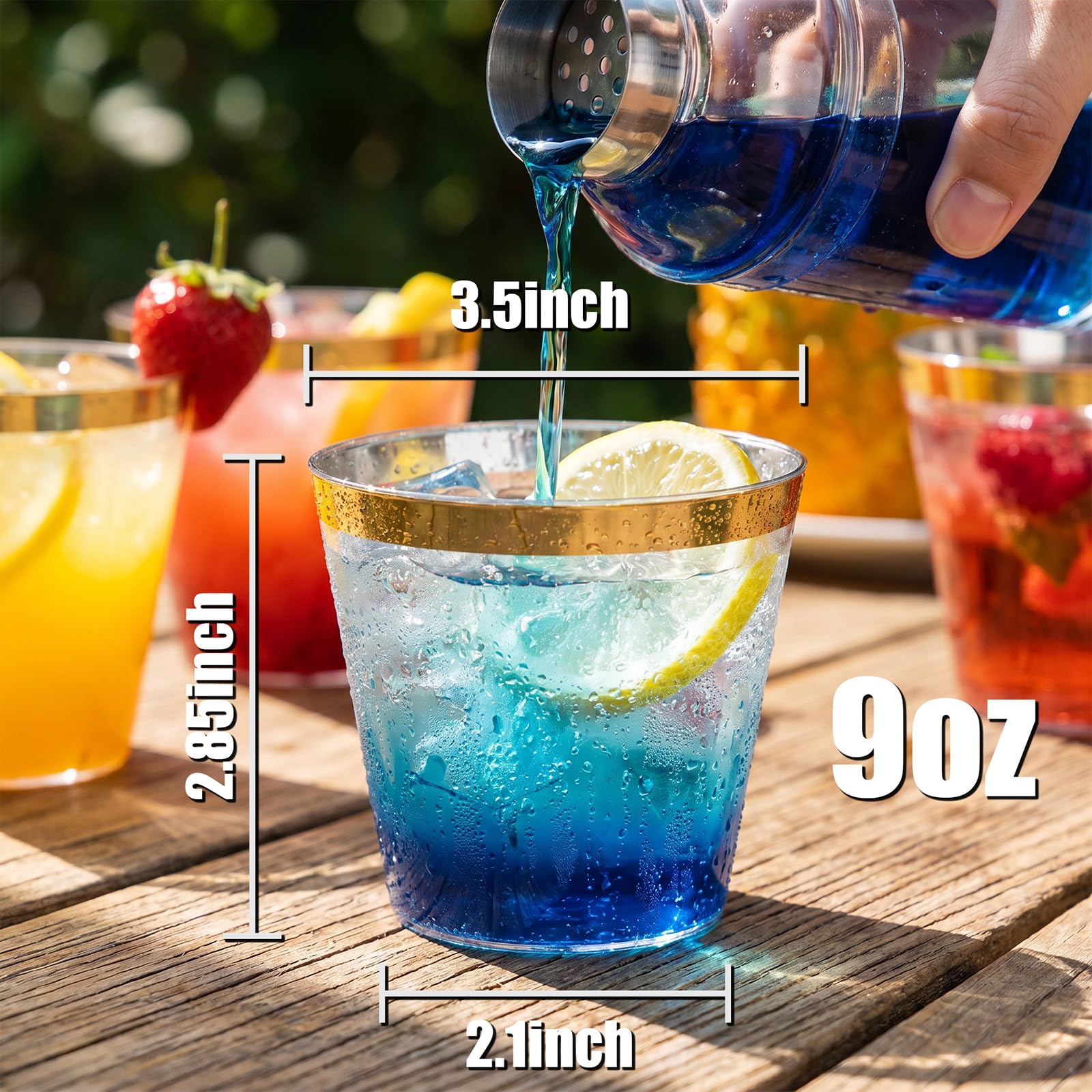 I00000 200 Pack Gold Plastic Cups, 9 Oz Elegant Clear Plastic Cups Gold Rimmed Disposable Wine