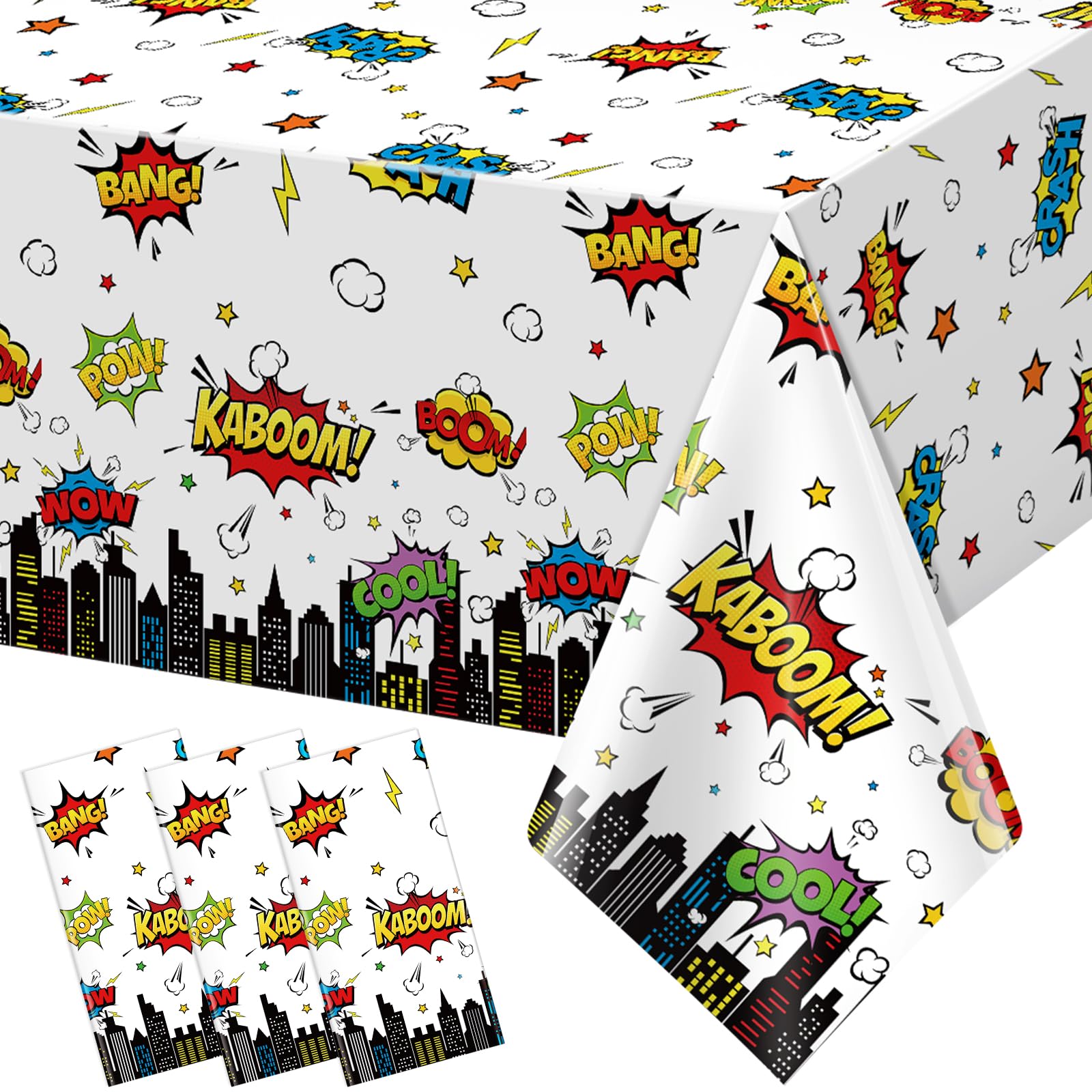 3Pcs Hero Themed Birthday Party Tablecloths Decorations,White Cityscape Super Bang Plastic Table